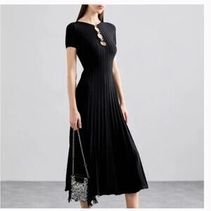 New Maje Roxou Rib Knit Midi Dress Black Parisian Chic Minimalist Short Sleeve L